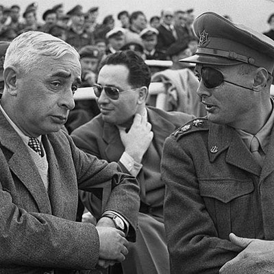 Israeli Defence Minister Pinhas Lavon with Moshe Dayan