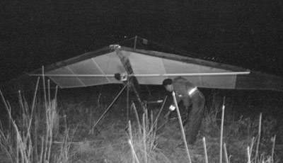 One of the hang gliders used by Palestinian guerillas to attack an Israeli army camp. Shortly afterwards Israeli soldiers massacred Palestinian workers.