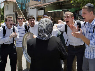 Israeli youths jeer at a Palestinian woman in Sheikh Jarra neighbourhood of Jerusalem who has just been made homeless by settlers