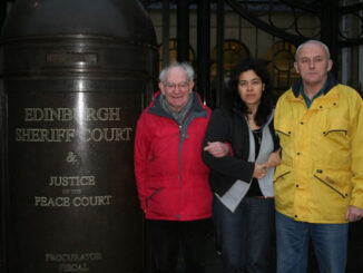 Dr Hajo Meyer at Edinburgh Sheriff Court in solidarity with SPSC members charged with 'racism' for pro-Palestine activities