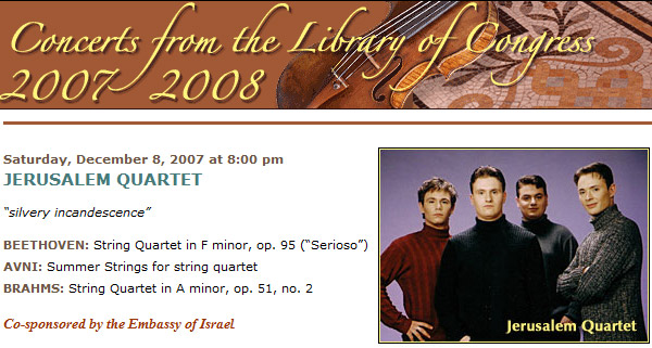 Israeli Embassy claims to sponsor the Jerusalem Quartet