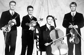 Three Russian immigrants and one native-born Israeli make up the Jerusalem Quartet, ISrael's only professional string quartet. All were inducted into the Israeli Defence Forces last year. The Quartet is composed of (left to right) Alexander Pavlovsky, Sergei Bressler, Kyril Zlotnikov and Amichai Gross