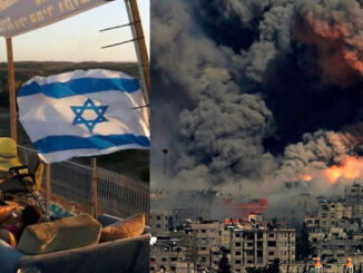 Israelis relax (L) and watch massacres in Gaza (R)