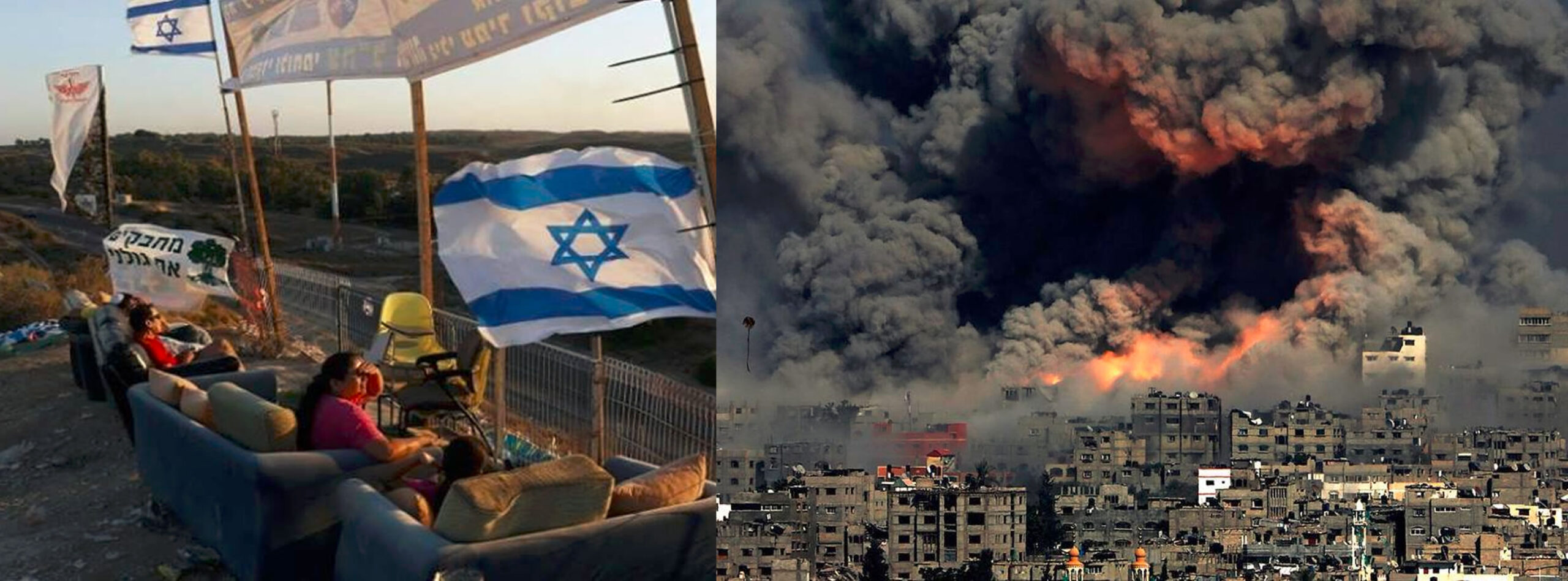 Israelis relax (L) and watch massacres in Gaza (R)