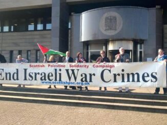 SPSC Banner Stop Israeli War Crimes at Glasgow Sheriff Court