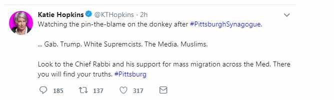 Katie Hopkins antisemitic Pittsburgh tweet
