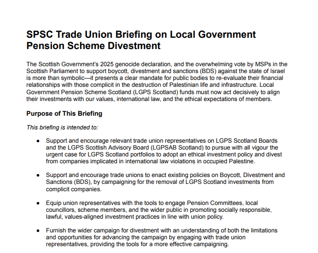 SPSC Trade Union Briefing on Local Government Pension Scheme Divestment